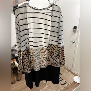 Striped and Leopard Print Long Sleeve Cardigan